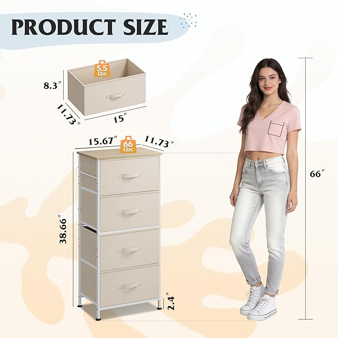 WLIVE Dresser with 4 Drawers, Storage Tower, Organizer Unit, Fabric Dresser for Bedroom, Hallway, Entryway, Closets, Sturdy Steel Frame, Wood Top, Easy Pull Handle, Cream White