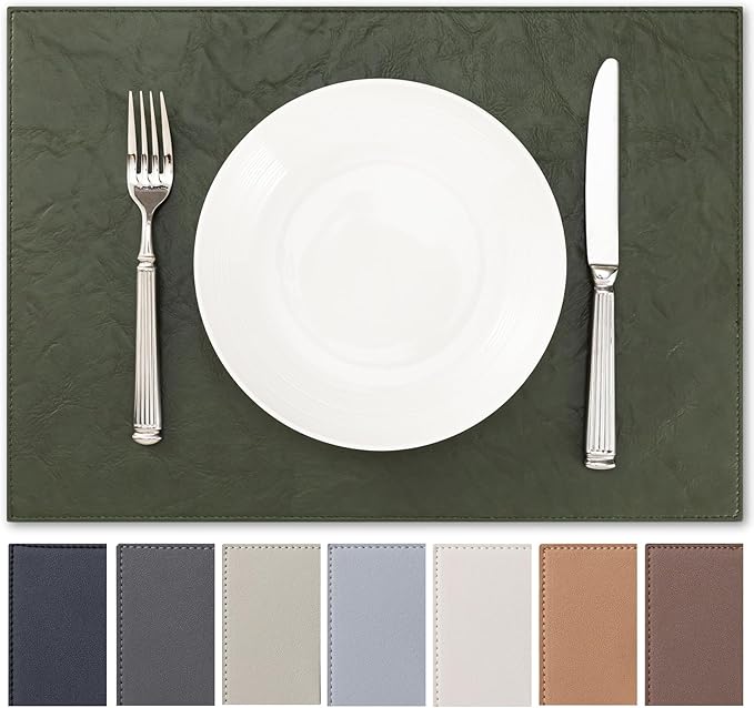 Faux Leather Placemats Set of 8 Vinyl Washable Wipeable Table Mats for Kitchen Dining Table Heat Resistant Waterproof Indoor/Outdoor Placemats Non-Slip Easy Clean Place Mats (Olive Green)