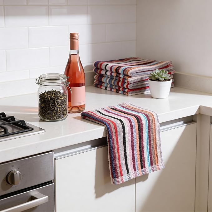 Lemecima Premium Kitchen Dishcloths Set of 30, Ultra Absorbent 100% Cotton Cleaning Cloths for Washing Dishes, Drying, Scrubbing, 12x12 Inches Multicolor Striped Patterns