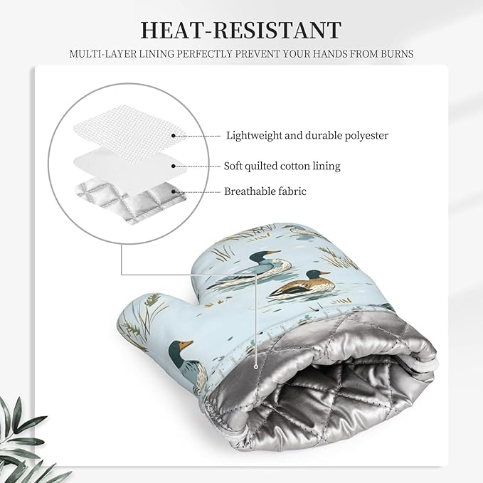 Swimming Ducks Silicone Oven Mitts Set of 2, Heat Resistant up to 500°F, Kitchen Oven Gloves with Non-Slip Grip and Soft Cotton Lining for Baking, Cooking and BBQ