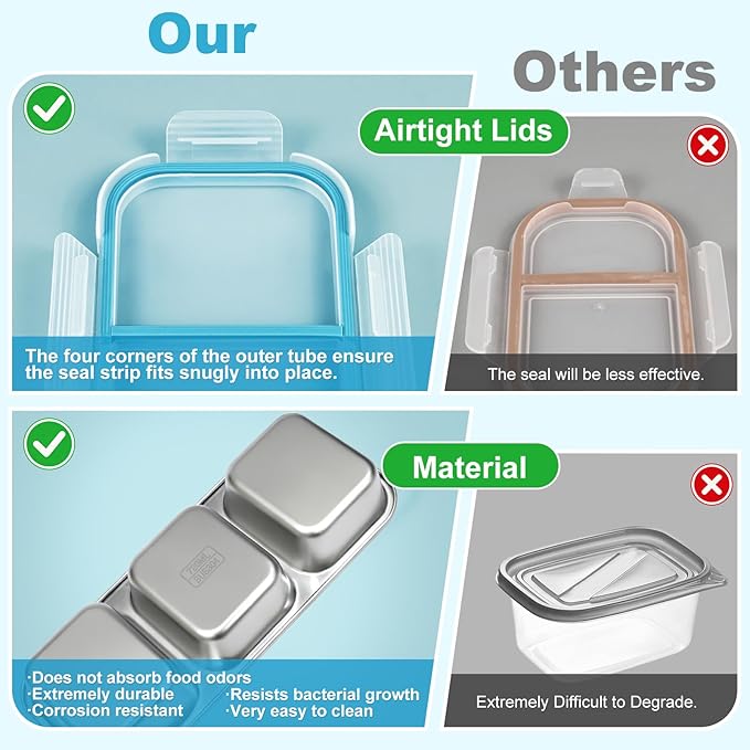 2Pack Stainless Steel Snack Containers, 3 Compartment Snackle Box Leakproof, Metal Bento Box with Airtight Lids, Reusable Food Storage Container for Lunch Travel Picnics Office