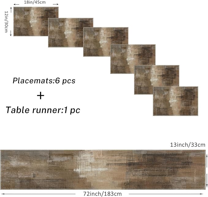 Emvency Vintage Brown Grey Table Runner and Placemats Set of 6, Modern Abstract Painting Art Dining Decor for Daily Use(1 Table Runner 72 inches Long and 6 Placemats)