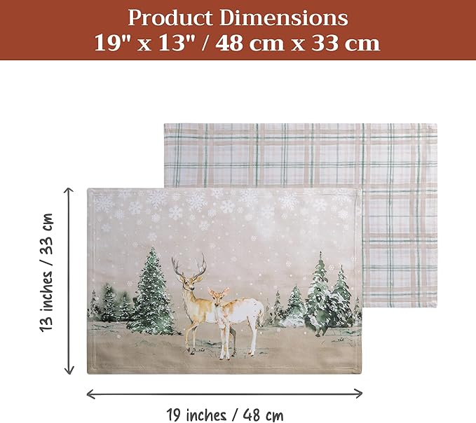 Maison d' Hermine Placemats Set of 4 100% Cotton Washable Cloth Place Mats, Reusable Table Mats for Thanksgiving Christmas Decorations Kitchen Dining Party Wedding (Deer in The Woods, 13" x 19")
