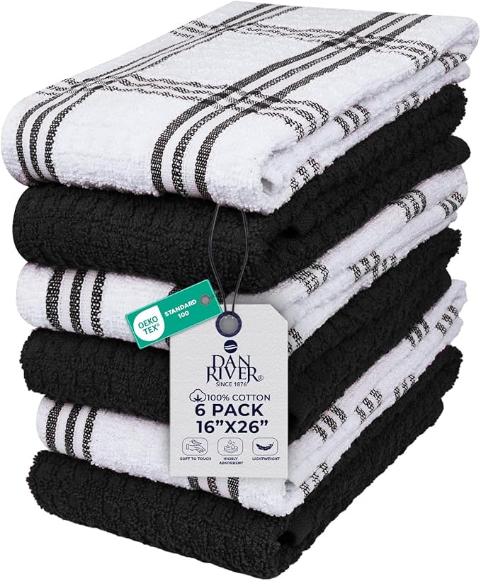DAN RIVER Premium Kitchen Towels - [Pack of 6] 100% Cotton (16 x 26 Inches) -Super Soft,Highly Absorbent, Quick Dry, Dish Towels for Kitchen Towels -Black
