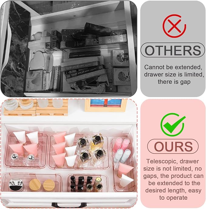 15 Pcs Extendable Clear Drawer Organizer, All Adjustable Vanity Storage Box, 2-Size Desk Drawer Organizer, Acrylic Storage Bins for Makeup, Bedroom Dressers Tool Organizer for Gadgets, Pink