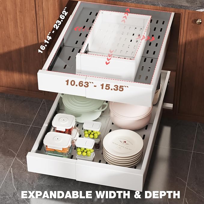 Seinloes 2 Pack Pull Out Cabinet Organizer Expandable Width(11"-16") and Depth(17"-24"),Slide Out Drawers with Raising Pad for Framed Cabinets,No Drill Roll Out Shelves for Kitchen,Bathroom,White