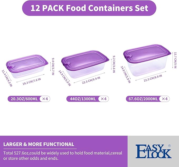 KIGI Lightweight Plastic Transparent Food Storage Containers with Lid Set Rectangle Meal Prep Containers, Microwave, Freezer, Dishwasher Safe (67oz, 44oz, 20oz|12PACK)