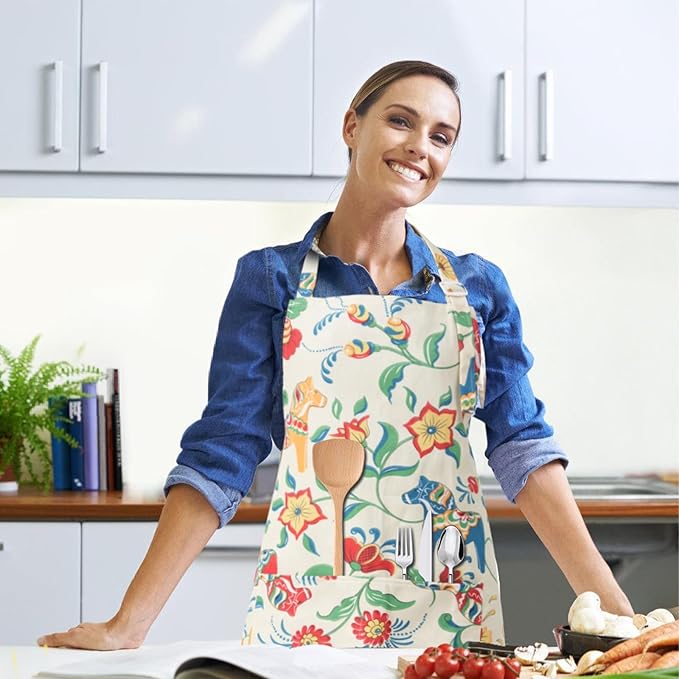 DILLMAN Aprons for Women with Pockets Cotton Linen Cooking Kitchen Baking Soft Durable Floral Gardening Apron