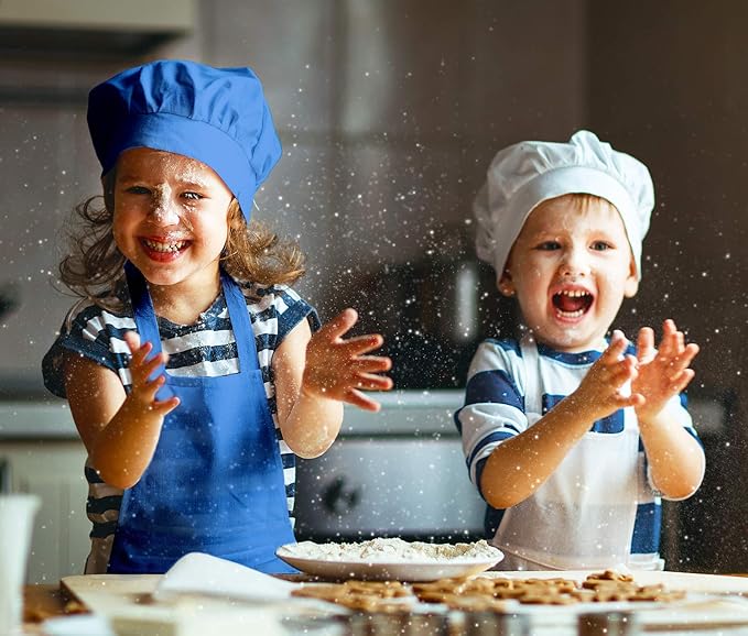 6 Pack Adjustable Kids Apron and Chef Hat for Cooking Baking Painting Art, Kids Apron for Girl Boy with 2 Pockets