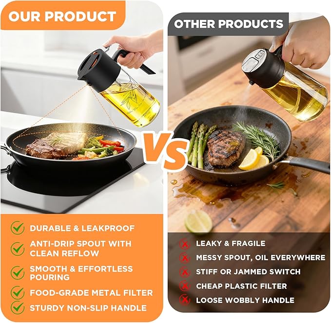 PLAPITATE 2Pcs 17oz Premium Olive Oil Sprayer for Cooking, 2 in 1 Glass Olive Oil Dispenser Bottle for Kitchen Gadgets, Spray Bottle with Portion Control for Salad, Frying, BBQ (2 Black)