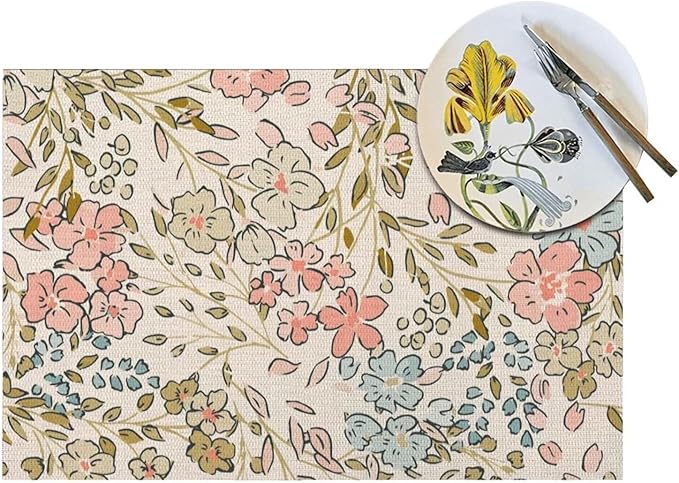 Pink Green Floral Placemats 12x18 Inch Set of 4, Cute Flower Pattern Table Place Mat Wildflowers Watercolor Washable Table Mats Decorative Linen Fabric Table Mat for Dining Table