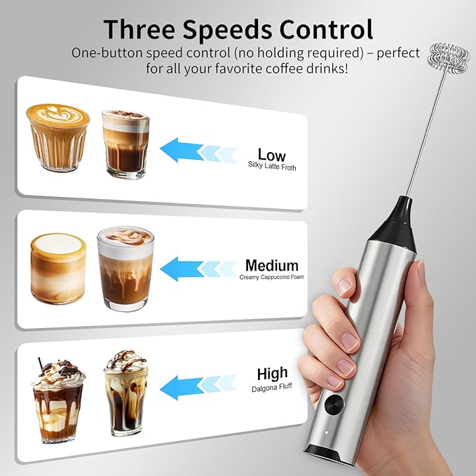 Milk Frother Handheld Rechargeable, Hand Frother with Stand, Drink Mixer Frother Wand Electric Whisk Stirrer for Coffee, Latte, Matcha, Cappuccino, Hot Chocolate, Kitchen Gifts - Stainless Steel