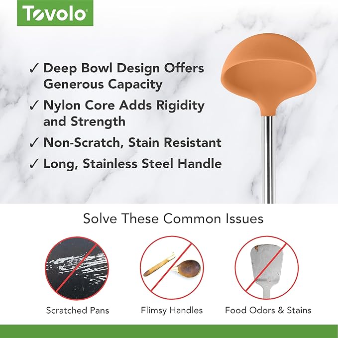 Tovolo Silicone Ladle With Stainless Steel Handle Deep Soup Ladle for Cooking Canning Serving Soup Punch Stew Sauce, Large Kitchen Utensil Spoon Dishwasher Safe BPA Free Silicone Apricot Orange