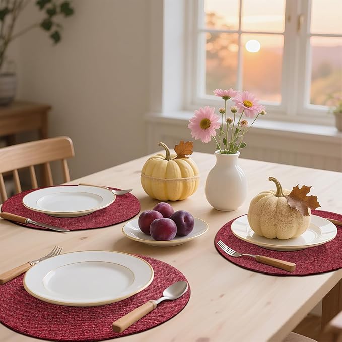 homing 15 Inch Round Cloth Placemats Set of 4, Cotton Linen Blend Washable Table Mats, Farmhouse Dining Place Mats for Indoors & Outdoors, Easy to Clean, Red