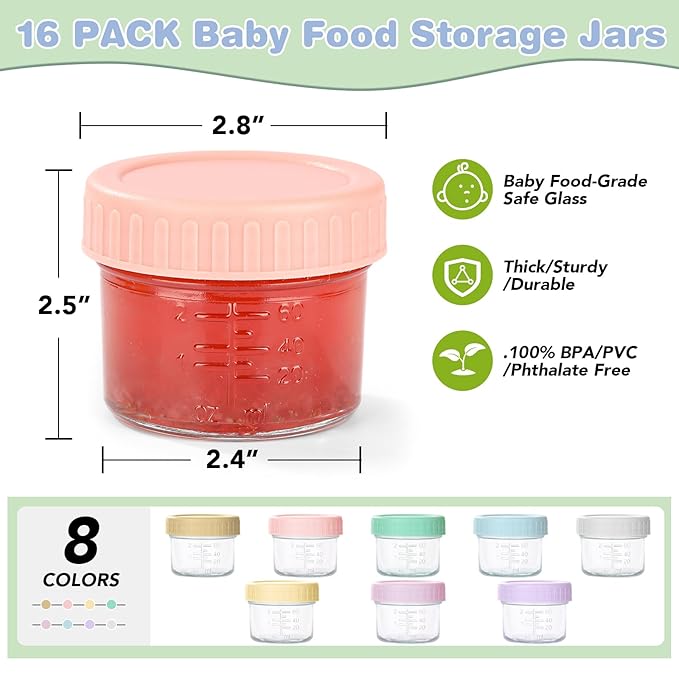 RowinsyDD 16 Pack Glass Baby Food Storage Containers, 4 oz Leakproof Baby Food Jars with Lids, Small Glass Food Containers for Infant Baby, Freezer & Microwave Safe, BPA Free