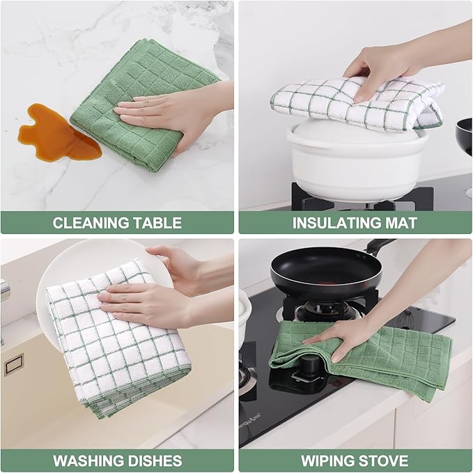 Homaxy Premium Cotton Kitchen Towels 16"x 28", Large Natural Ring Spun 390 GSM Dish Towels, Super Absorbent Terry Kitchen Hand Towels, Soft Tea Towels with Hanging Loop, Grass Green Check, 6 Pack