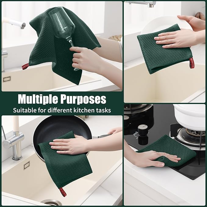 Kitinjoy 100% Cotton Kitchen Towels and Dishcloths Set, 8 Pack-13" x 28" and 12" x 12" Waffle Weave Dish Towels, Ultra Soft Absorbent Quick Drying Dish Rags, Blackish Green