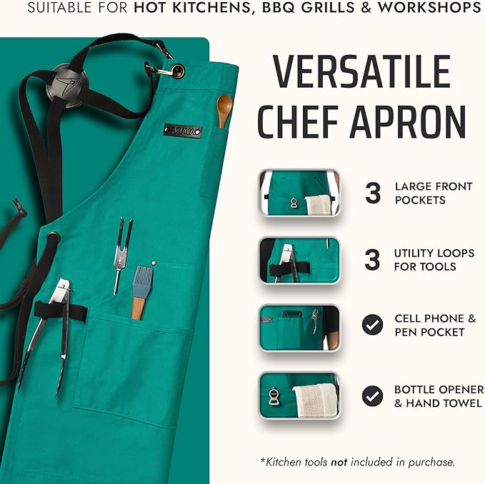 Asaya Chef and BBQ Apron with Bottle Opener and Hand Towel - 10oz Cotton Canvas, Stainless Steel Hardware - Cross Back Straps