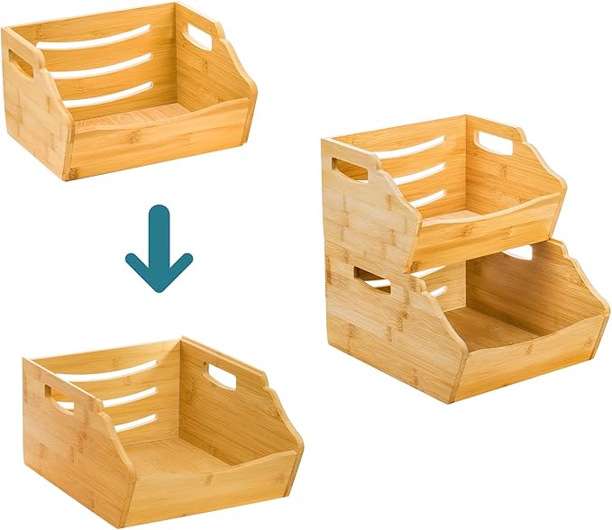 Cididu 2 Pack Bamboo Stackable Storage Bin, Countertop Open Front Stacking Bins, 2 Tier Organize Basket Box with Handle, Food Fruit Container for Cabinet, Kitchen, Studio, Office