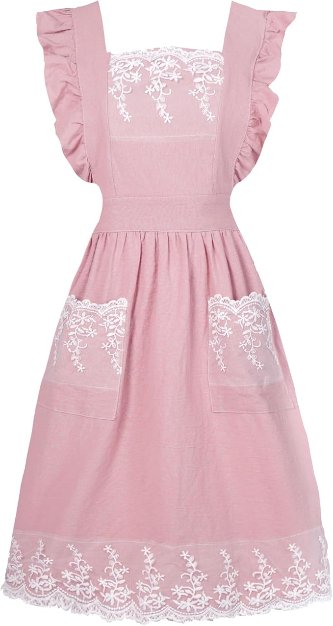 Aoomzoon Vintage Aprons for Women with Pockets Cute Lace Ruffle Adjustable Apron for Cooking Kitchen Baking Gardening