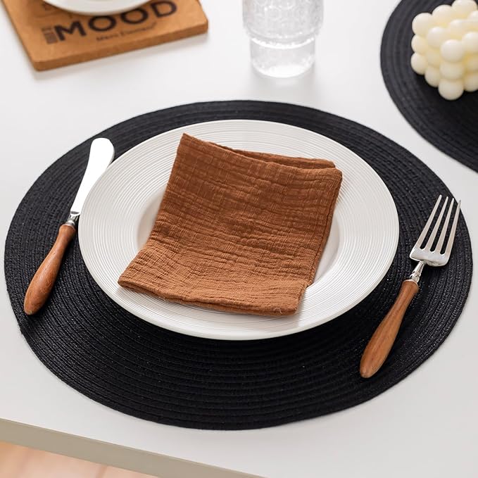 Round Placemats Set of 8 Woven Placemats Washable Braided Table Mats for Dining Table Heat Resistant Non-Slip Circle Place Mats(Black)