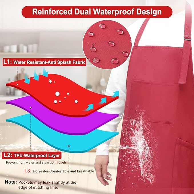 SHEOMERN 3 Pcs Dual Waterproof Oilproof Kitchen Chef Aprons with 4 Pockets for Men Women, Adjustable Soft Anti-Tear Cooking Bib Apron for Baking Grilling BBQ Painting Cleaning (Red)