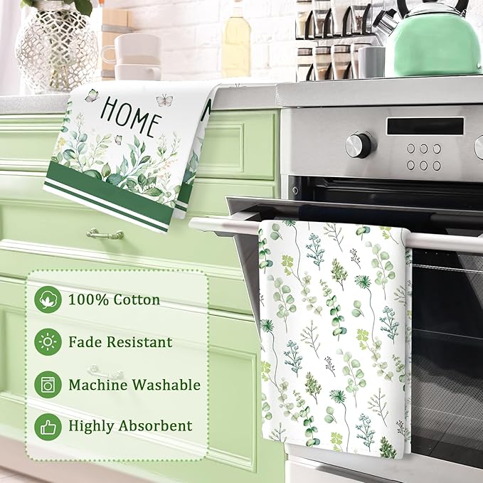 Eucalyptus Leaves Tea Towels, Cotton Kitchen Towel 18.9 × 27.5 inch, Quick Drying Dish Cloth for Party Anniversary Holiday Decoration, Housewarming Gifts for Mom