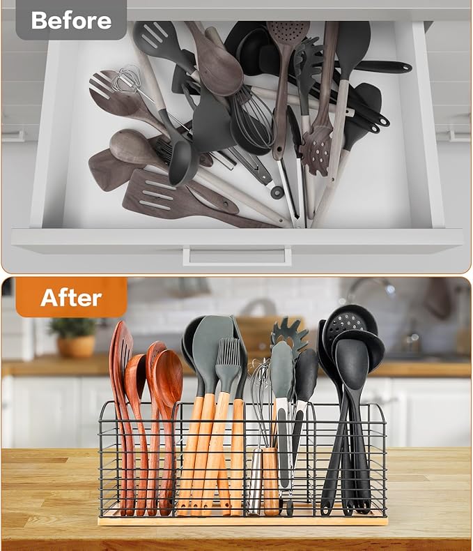 Extra Large Utensil Holder for Kitchen Counter - 15.7"x 6.7"x 4.4", Aesthetic Design, Anti-Slip Mat, 4 Compartments, Black Cooking Utensil Organizer for Countertop, Spatula Utensil Caddy