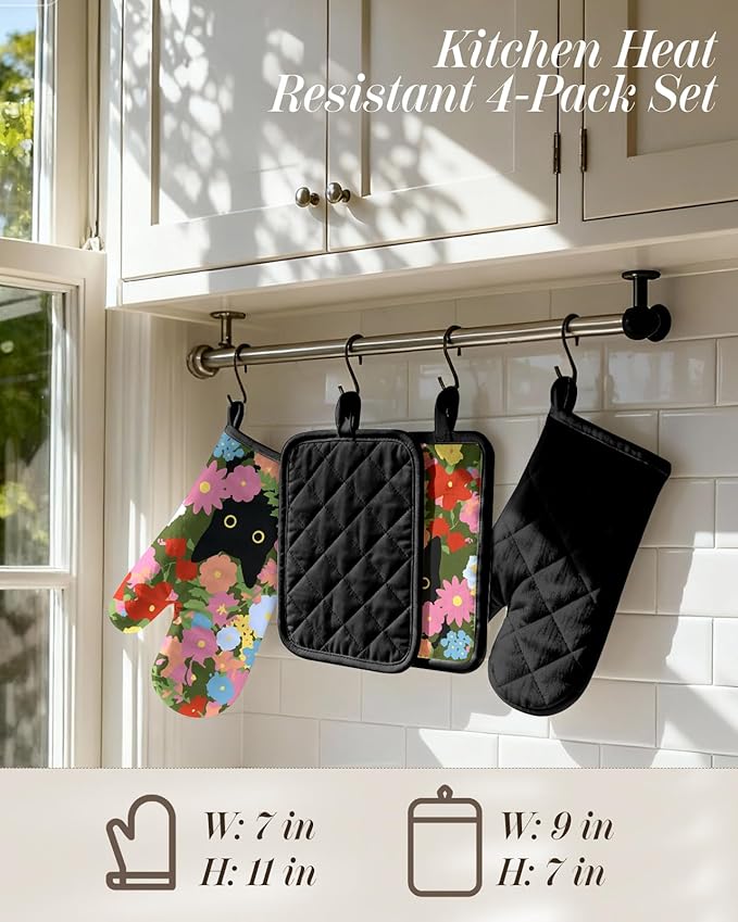 Miss Adola Cotton Oven Mitts and Pot Holders Sets - Quilted Lining Heat Resistant 4 Pieces Set with Hanging Loop Cute Farmhouse Boho Spring Kitchen Decor and Accessories, Cat Flower