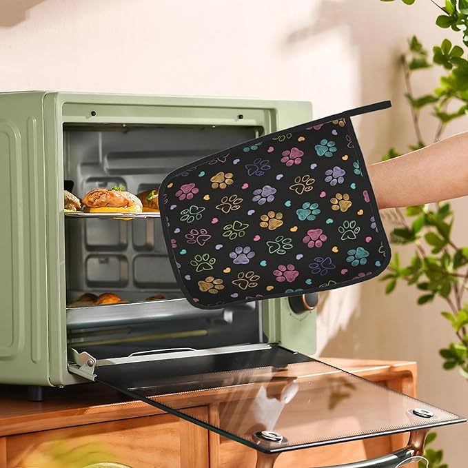 Doodle Paw Print Pot Holder Set of 2,Kitchen Heat Resistant Potholder for Women Men BBQ Cooking Baking