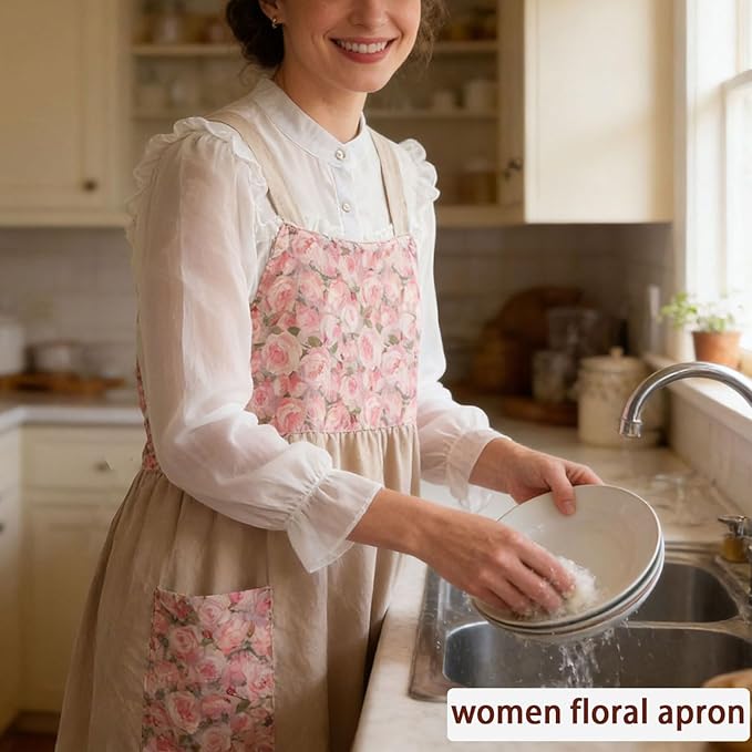 Uaussi Cotton Linen Apron Cross Back Work Apron for Women with Pockets Pinafore Dress X Cross Halter Apron for Chef Gardening