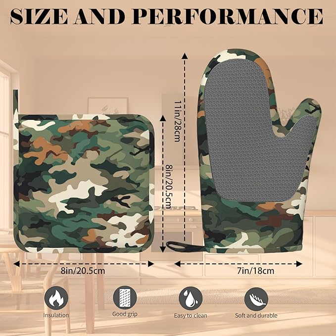 Green Camouflage Oven Mitt and Pot Holder with Silicone Heat Resistant Kitchen for Cooking BBQ Baking Grilling Cooking Protection