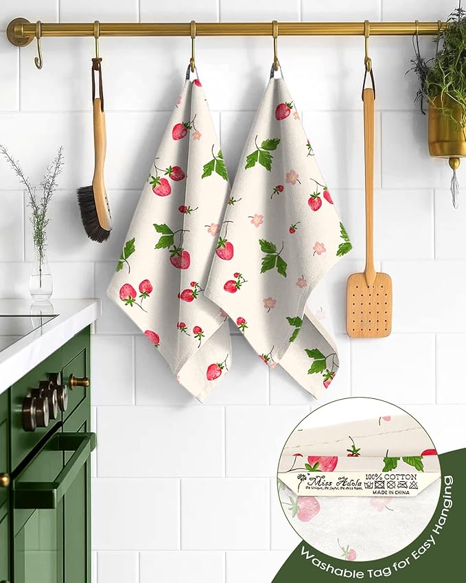 Miss Adola Flour Sack Kitchen Towels - Set of 2 Spring Dish Towels with Hanging Loop 18x26 Inch Absorbent Reusable Cotton Cloths for Cleaning Cute Design Home Decorative Housewarming, Color Strawberry