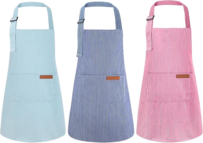 3 Pack Stripes Kids Apron, Adjustable Kids Cooking Aprons with 2 Pockets, Cute Chef Baking Aprons for Boys and Girls