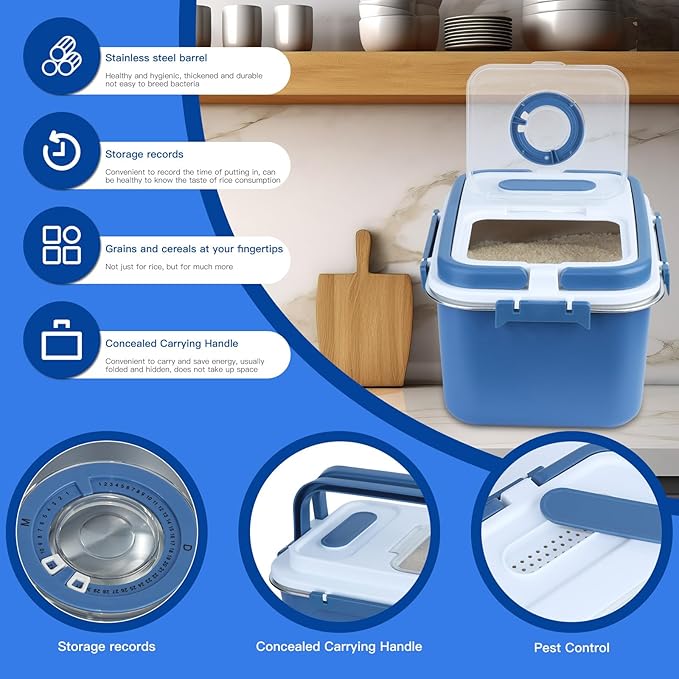 YXQ Rice Sorage Container Bin 20 lbs Stainless Steel Flour Storage Containers with Lid Rice Grain Kitchen Bucket Airtight Canister for Cereals Flour Sugar Tea Milk Wine Ice, Dry/Wet Food,Blue