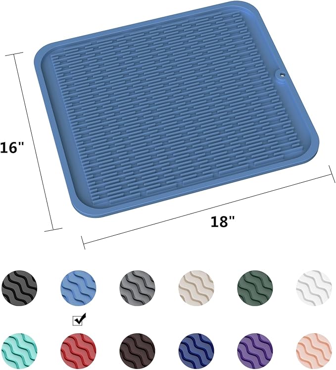 ZLR Large Silicone Dish Drying Mat (16" x 18") - XL Heavy Duty Drainboard Mat for Pots, Pans & Family Loads - Heat Resistant Trivet & Counter Protector, Easy Clean (Lichen Blue)