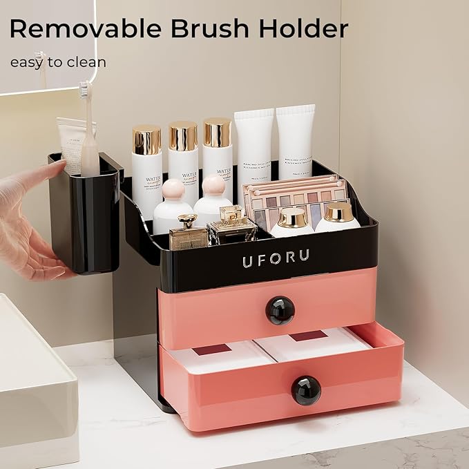 Makeup Organizer for Vanity with Brush Holder, Countertop Skincare Organizer with 2 Drawers, Spacious Cosmetic Display Case for Perfumes, Eyeshadow Palettes, Nail Polishes