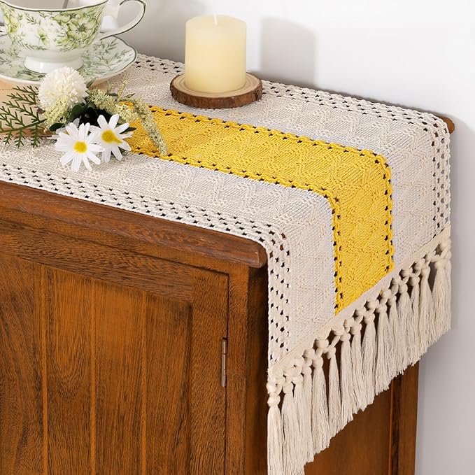 Socomi Boho Table Runner Easter Spring Farmhouse Rustic Dining Kitchen Centerpiece Decor Small Macrame Woven Cotton Coffee Table Runner for Dresser Scarf Home Decor 12x72 in Yellow Gold Ivory