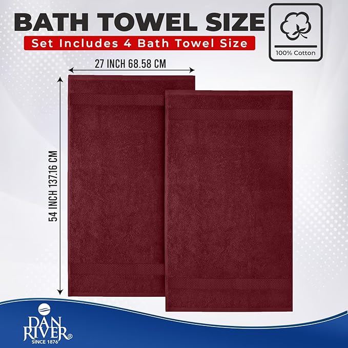 DAN RIVER Bath Towels Set of 4, 27 x 54 Inches, 100% Cotton, Larger & Lighter Weight, Quicker to Dry, Super Soft and Absorbent, Ideal Soft Bath Towels for Daily Use, Pomegrante