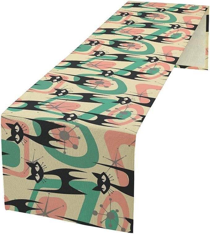 Mid Century Table Runner Black Cat Abstract Geometric Retro Art Printed Dinner Runner for Home Kitchen Dining Table Decor Fabric 1 Panel W13xL36in
