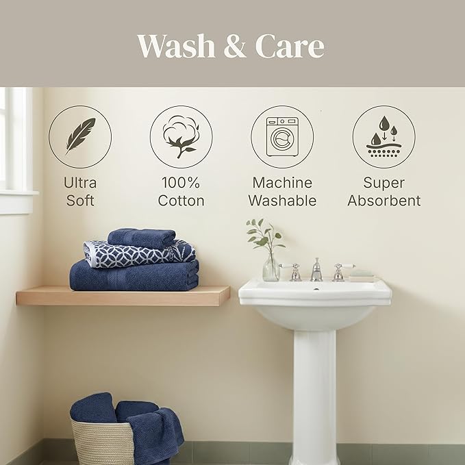 Modern Threads Botanical Vine 6-Piece 100% Cotton Towel Set – Reversible Yarn Dyed Jacquard – Includes 2 Bath Towels, 2 Hand Towels, 2 Washcloths – Absorbent, Quick Dry, Soft & Durable – Navy