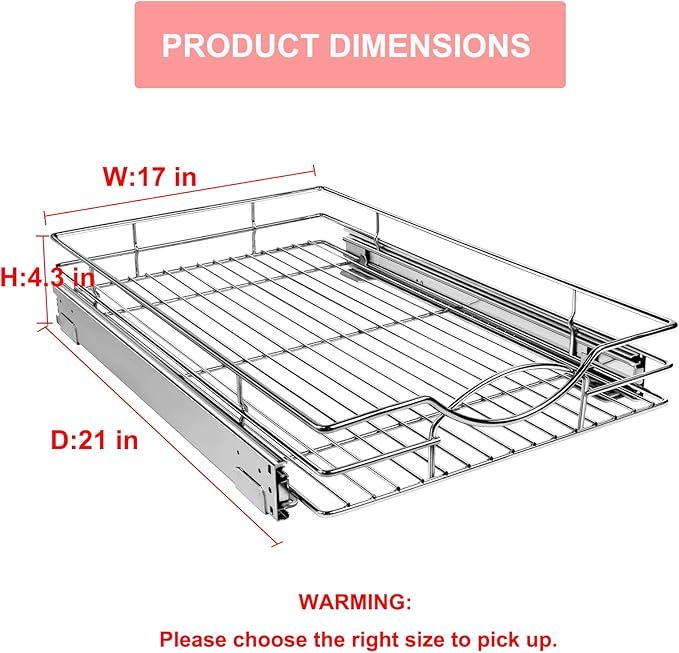 Sikarou Pull Out Cabinet Organizer 17" W x 21" D, Heavy Duty Kitchen Cabinet Pull Out Shelves, Slide Out Wire Basket for Kitchen Cabinets, Bathroom, Pantry, Chrome Finish