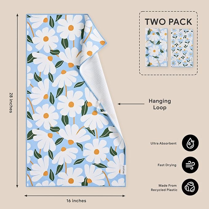 RECYCO Waffle Kitchen Towel Set of 2 - Quick Dry Microfiber Sustainable Dish Towels - Ultra Absorbent Reusable Cleaning Tea Towels - Lightweight Hand Towels,16”x 28”, Daisy Dreams