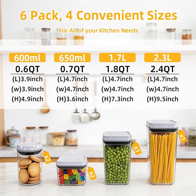 6 Pcs POP Container Set, Airtight Food Storage with Lids, Push Button Seal BPA-Free Set for Pantry, 0.65QT/0.7QT/1.8QT/2.4QT for Bulk Dry Food, Cereal, Flour, Sugar, RV Kitchen Storage