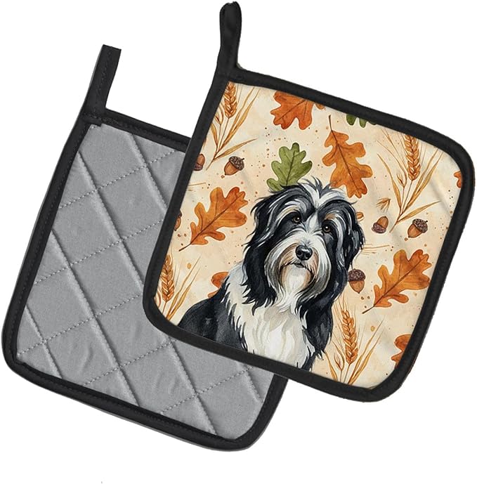 Caroline's Treasures Black Bearded Collie Heirloom Fall Pair of Pot Holders Pair 7.5x7.5 Quilted Insulated Hot Pads Decorative Kitchen Gift Made in USA