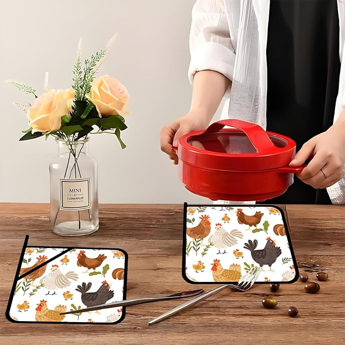 Cute Roosters Pot Holders Set of 2,Kitchen Heat Resistant Potholders for Microwave Cooking Baking Oven and BBQ Gifts for Women