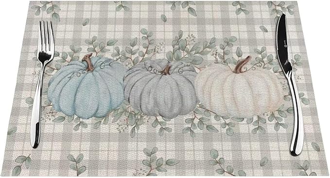 Fall Pumpkin Thanksgiving Placemats 12x18 Set of 4, Blue Pumpkin Buffalo Plaid Table Place Mat Autumn Watercolor Harvest Washable Table Mats Decorative Linen Fabric Table Mat for Dining Table