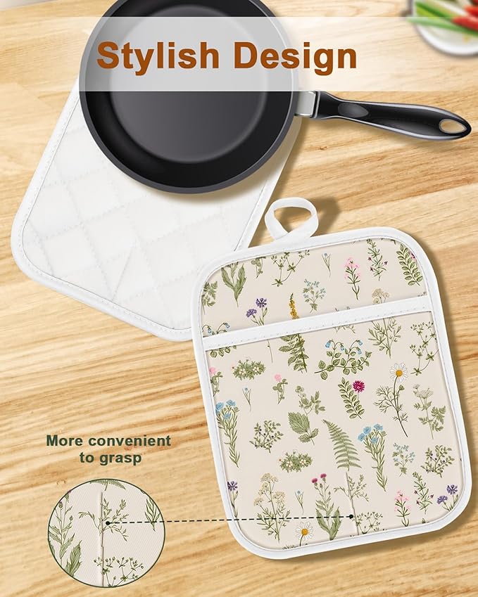 Swooflia 100% Cotton Pot Holders 2 Pack Set for Kitchen with Pockets - Cute 440°F Heat Resistant Oven Hot Pads Heavy Duty for Countertop Home Cooking Baking Microwave BBQ Retro Flower