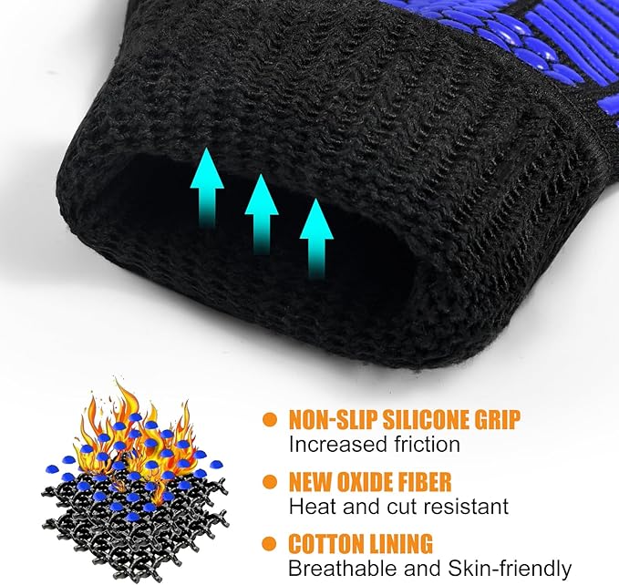 BBQ Gloves, Oven Gloves, 1472°F Extreme Heat Resistant Barbecue Gloves, Silicone Non-Slip Oven Mitts, Kitchen for Cooking, Grilling, and Baking (Blue)