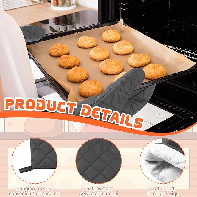 6 Pairs Heat Resistant Oven Mitts Kitchen Oven Gloves 11 Inch Long Quilted Cotton Polyester Kitchen Gloves for Cooking, Baking, Grilling BBQ (Charcoal Grey)